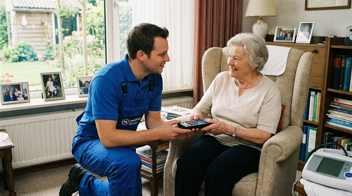 Ein freundlicher Servicetechniker in Arbeitskleidung zeigt einer Seniorin im Wohnzimmer geduldig die Fernbedienung für ein medizinisches Hilfsmittel.