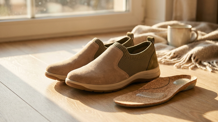 Nahaufnahme von bequemen, modischen Senioren-Freizeitschuhen auf einem hellen Holzboden. Neben den Schuhen liegt eine hochwertige, anatomisch geformte orthopädische Einlage mit weicher Polsterung. Das warme Sonnenlicht fällt durch ein Fenster und erzeugt eine gemütliche, einladende Atmosphäre.