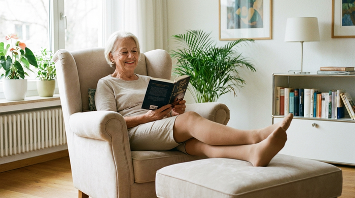 Eine vitale Seniorin sitzt entspannt auf einem bequemen Sessel in einem hellen, aufgeräumten Wohnzimmer und liest ein Buch. Sie trägt unauffällige, hautfarbene Kompressionsstrümpfe, die wie elegante Feinstrumpfhosen aussehen. Ihre Beine sind leicht hochgelegt, was eine entspannende Haltung unterstreicht.