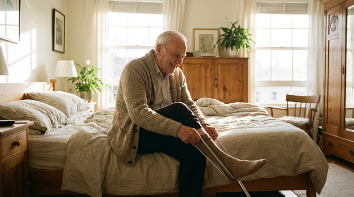 Ein älterer Herr nutzt in seinem hellen Schlafzimmer eine praktische Anziehhilfe aus Metall, um mühelos in seinen Strumpf zu schlüpfen. Er sitzt bequem auf der Bettkante und wirkt zufrieden und selbstständig. Das Zimmer ist lichtdurchflutet und freundlich eingerichtet.