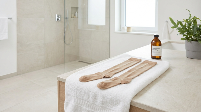 Eine ordentliche Szene in einem modernen Badezimmer. Kompressionsstrümpfe liegen flach ausgebreitet auf einem frischen, weißen Handtuch zum Trocknen. Daneben steht ein kleines Fläschchen mit flüssigem Feinwaschmittel. Alles wirkt sehr sauber, hygienisch und gepflegt.