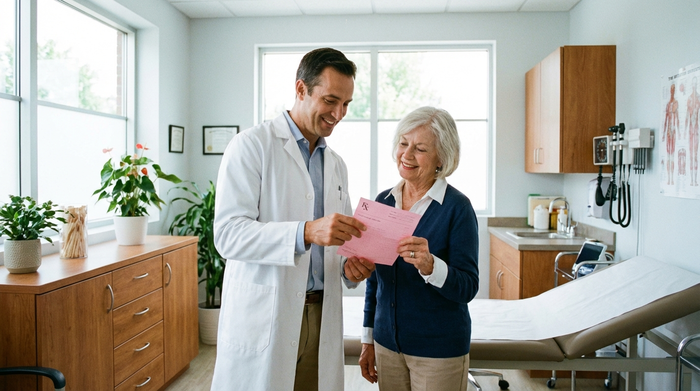 Ein sympathischer Arzt im weißen Kittel sitzt mit einer älteren Dame in einem hellen, aufgeräumten Behandlungszimmer. Sie besprechen freundlich ein rosafarbenes Rezept. Natürliches Licht, professionelle und vertrauensvolle Stimmung, keine lesbaren Texte.