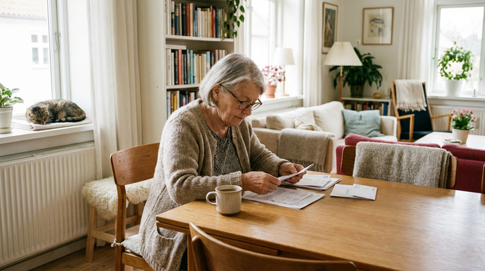 Eine ältere Frau sitzt an einem aufgeräumten Esstisch und ordnet konzentriert Papiere. Eine Tasse Kaffee steht daneben. Helle, gemütliche Einrichtung, entspannte und klare Atmosphäre. Keine Grafiken oder Schriftzüge.