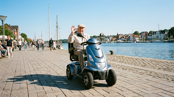 Ein rüstiger Senior fährt an einem sonnigen Tag mit einem modernen Elektromobil auf einer gepflasterten Promenade an der Flensburger Förde. Im Hintergrund ruhiges Wasser und blauer Himmel. Klare Szene, positive Ausstrahlung, keine Logos.