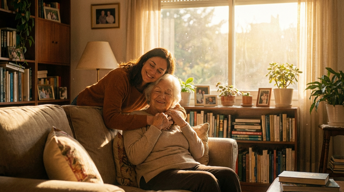 Eine herzliche Szene: Eine erwachsene Tochter umarmt ihre ältere Mutter im heimischen Wohnzimmer. Die Mutter sitzt entspannt auf einem bequemen Sofa. Warmes Sonnenlicht fällt durch das Fenster und schafft eine geborgene, familiäre Atmosphäre.