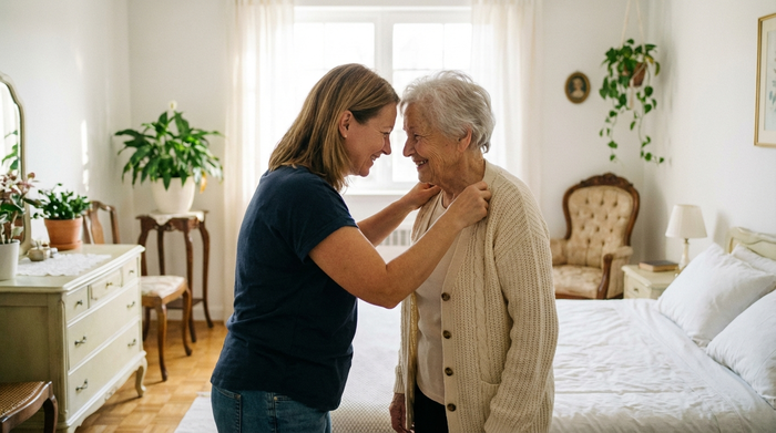 Eine geduldige Pflegekraft hilft einer älteren Dame behutsam beim Anziehen einer hellen Strickjacke im Schlafzimmer. Das Zimmer ist ordentlich und hell eingerichtet, mit einem gemütlichen Bett im Hintergrund. Beide lächeln sich vertrauensvoll an.