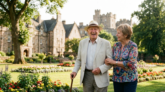 Ein fröhlicher älterer Herr spaziert mit seiner Betreuerin durch einen gepflegten Park. Die Sonne scheint, und im Hintergrund sind unscharfe historische Gebäude zu erkennen. Die Stimmung ist entspannt und unbeschwert.