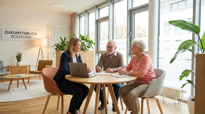 Eine freundliche Beraterin sitzt einem älteren Ehepaar an einem runden Holztisch gegenüber. Sie besprechen entspannt Unterlagen. Die Atmosphäre ist professionell, hell und einladend, typisch für ein modernes Beratungszentrum.