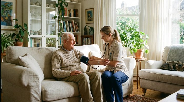 Eine aufmerksame Pflegekraft misst sanft den Blutdruck eines älteren Herrn, der bequem auf einem hellen Sofa sitzt. Das Wohnzimmer ist lichtdurchflutet und wohnlich eingerichtet.