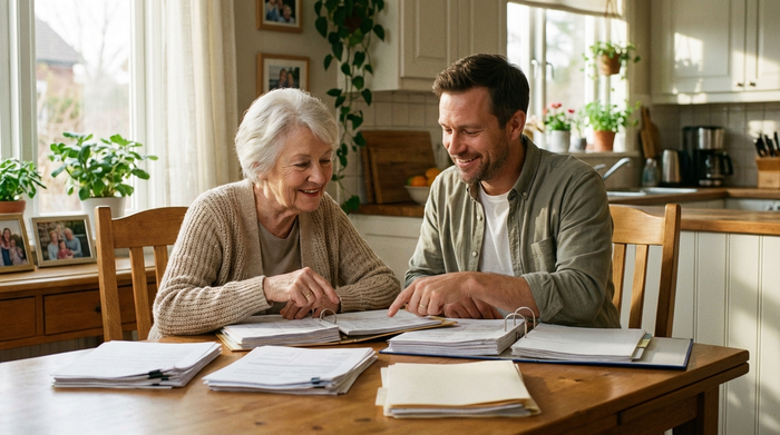 Ein erwachsener Sohn sitzt mit seiner älteren Mutter am Esstisch und schaut sich gemeinsam mit ihr übersichtlich sortierte Dokumente an. Die Stimmung ist entspannt und zuversichtlich.