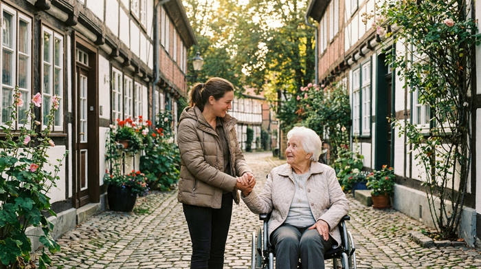 Eine einfühlsame Pflegekraft hält sanft die Hand einer Seniorin im Rollstuhl bei einem gemeinsamen Spaziergang durch eine malerische Gasse mit Kopfsteinpflaster und historischen Fachwerkhäusern im Hintergrund.