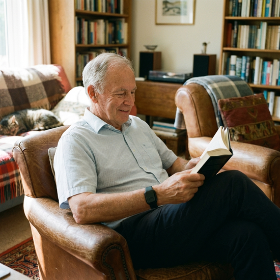 Ein moderner, unauffälliger Hausnotruf-Knopf am Handgelenk eines älteren Mannes, der entspannt in seinem gemütlichen Sessel sitzt und ein Buch liest.