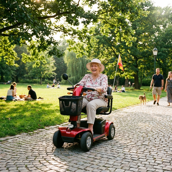 Eine ältere Dame fährt an einem sonnigen Tag fröhlich mit einem roten Elektromobil auf einem gepflasterten Weg in einem grünen Park.