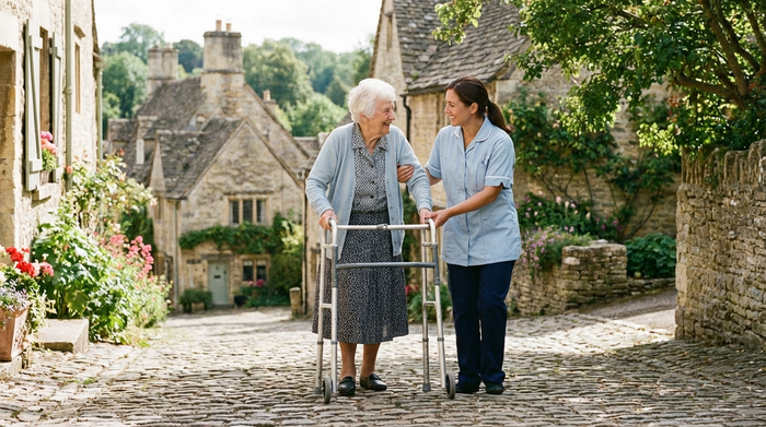 Eine ältere Dame spaziert mit einem Rollator langsam eine leichte Steigung auf einem kopfsteingepflasterten Weg hinauf, unterstützt von einer geduldigen Pflegekraft. Liebevolle und sichere Atmosphäre.