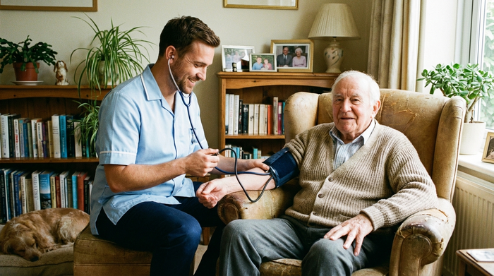 Ein professioneller Pfleger in hellblauer Dienstkleidung misst bei einem älteren Herrn im gemütlichen Wohnzimmer den Blutdruck. Beide wirken entspannt und vertraut.