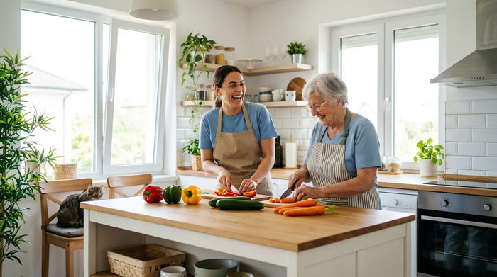 Eine freundliche Betreuerin und eine Seniorin kochen gemeinsam in einer hellen, sauberen Küche. Sie schneiden frisches Gemüse und lachen miteinander.
