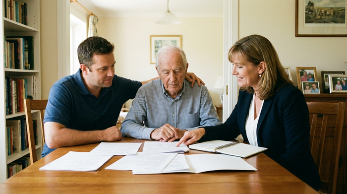 Ein erwachsener Sohn sitzt mit seinem betagten Vater an einem Esstisch und schaut gemeinsam mit einem Berater auf Notizen. Ernsthafte, aber zuversichtliche Stimmung bei der Planung.