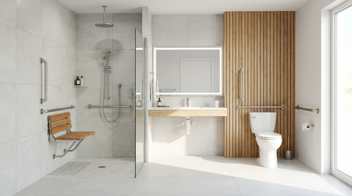 Ein modern umgebautes, barrierefreies Badezimmer mit einer bodengleichen Dusche, Haltegriffen an den Wänden und einem Duschsitz. Hell, sauber und sicher gestaltet.