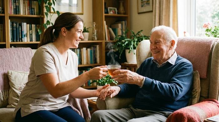 Eine freundliche Pflegekraft reicht einem lächelnden Senior eine Tasse Tee in einem gemütlichen, gut beleuchteten Wohnzimmer. Vertrauensvolle Interaktion, realistische Fotografie, keine Schriftzüge.