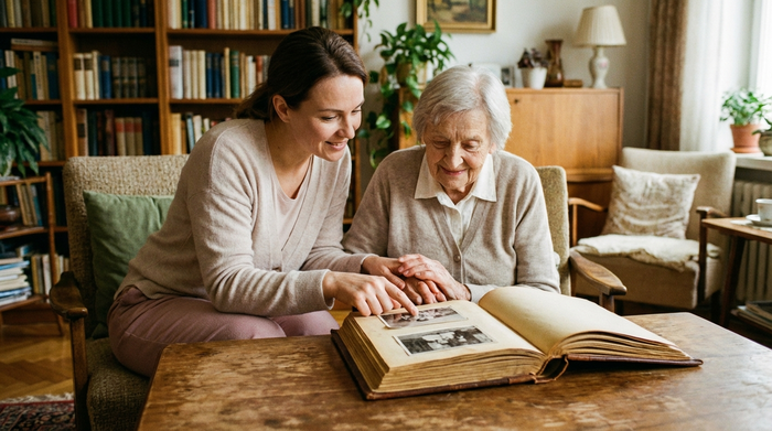 Eine einfühlsame Szene in einem gemütlichen Zimmer: Eine geduldige Pflegekraft sitzt zusammen mit einer älteren Frau an einem Holztisch. Sie betrachten gemeinsam ein altes, aufgeschlagenes Fotoalbum ohne lesbaren Text. Die ältere Frau lächelt sanft und zeigt auf ein Bild. Warme Farben, Fokus auf emotionale Verbundenheit.