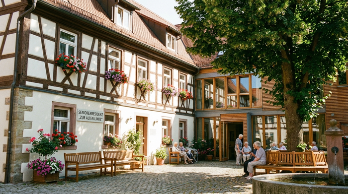 Ein historisches, gepflegtes Gebäude in einer süddeutschen Altstadt mit Fachwerk-Elementen, das als modernes Seniorenheim dient. Ein sonniger Innenhof mit Holzbänken und blühenden Blumenkästen. Ruhige, einladende Szenerie, fotorealistisch.