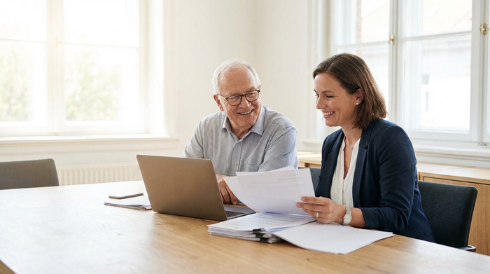 Ein älterer Herr mit Brille und eine freundliche Beraterin sitzen gemeinsam an einem Holztisch in einem hellen Büro. Sie schauen sich gemeinsam Dokumente an und lächeln. Professionelle, vertrauensvolle Atmosphäre, weiches Tageslicht, keine lesbaren Texte.