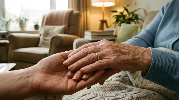 Eine detaillierte Nahaufnahme von zwei Händen, die sanft übereinanderliegen – die faltigen Hände einer Seniorin und die Hände einer jüngeren Frau. Im Hintergrund ein unscharfer, gemütlicher Wohnbereich mit warmem Licht. Fokus auf Verbundenheit und liebevolle Pflege.
