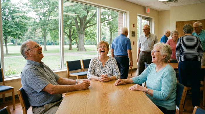 Eine Gruppe von Senioren sitzt fröhlich in einem hellen Gemeinschaftsraum zusammen. Ein Mann und zwei Frauen lachen herzlich, während sie gemeinsam an einem Tisch sitzen. Im Hintergrund durch große Fenster grüne Bäume. Authentische, lebendige Szene.