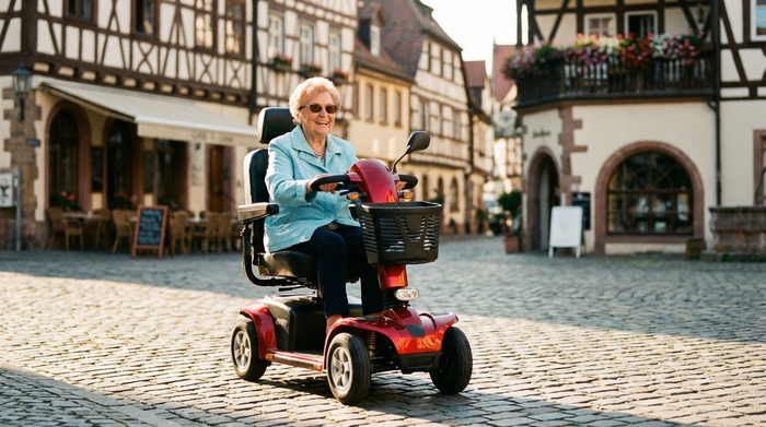 Eine rüstige Seniorin fährt mit einem modernen, roten Elektromobil über einen gepflasterten Weg in einer sonnigen Altstadt. Sie trägt eine leichte Jacke und lächelt entspannt. Historische Gebäude im unscharfen Hintergrund, klare, realistische Fotografie.