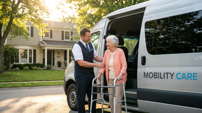 Ein freundlicher Fahrer eines Fahrdienstes hilft einer lächelnden älteren Dame behutsam beim Einstieg in einen modernen, rollstuhlgerechten Kleinbus vor einem gepflegten Haus im morgendlichen Sonnenlicht.