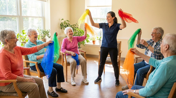 Eine Gruppe von Senioren sitzt in einem hellen Raum im Kreis und macht leichte Sitzgymnastik mit bunten Tüchern. Eine motivierte Therapeutin macht die Übungen vor, alle wirken fröhlich und aktiv.