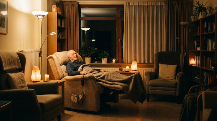 Ein gemütlicher, leicht abgedunkelter Ruheraum mit bequemen, verstellbaren Pflegesesseln. Ein älterer Herr ruht sich tief entspannt aus, weiches warmes Licht sorgt für eine beruhigende und sichere Atmosphäre.