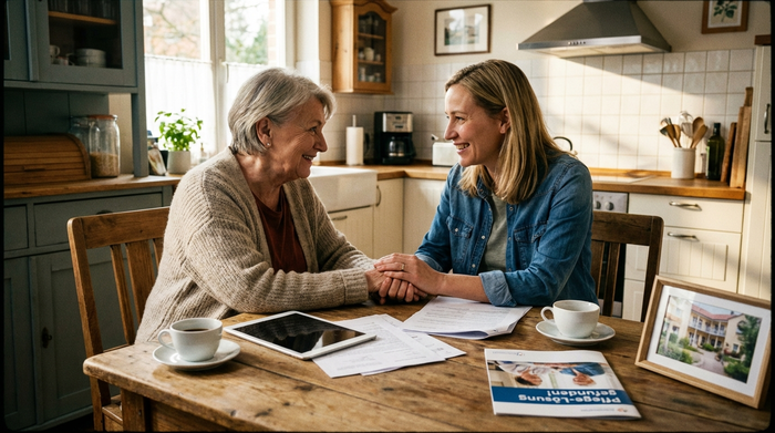 Eine ältere Frau und ihre erwachsene Tochter sitzen gemeinsam an einem Holztisch, schauen sich lächelnd Unterlagen an und wirken erleichtert und glücklich über die gefundene Pflege-Lösung.