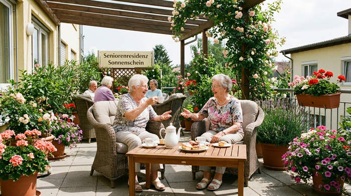 Eine sonnige Terrasse einer Senioreneinrichtung. Zwei ältere Damen unterhalten sich angeregt bei einer Tasse Tee, umgeben von blühenden Topfpflanzen und gemütlichen Gartenmöbeln im Sommer.