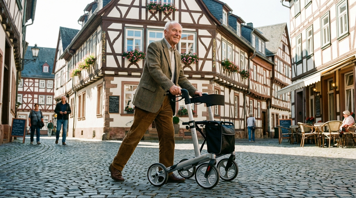 Ein rüstiger Senior spaziert mit einem modernen Rollator sicher über das Kopfsteinpflaster einer historischen Altstadtgasse. Gepflegte Fachwerkhäuser im Hintergrund, sonniges Wetter, realistische Szene ohne Text.