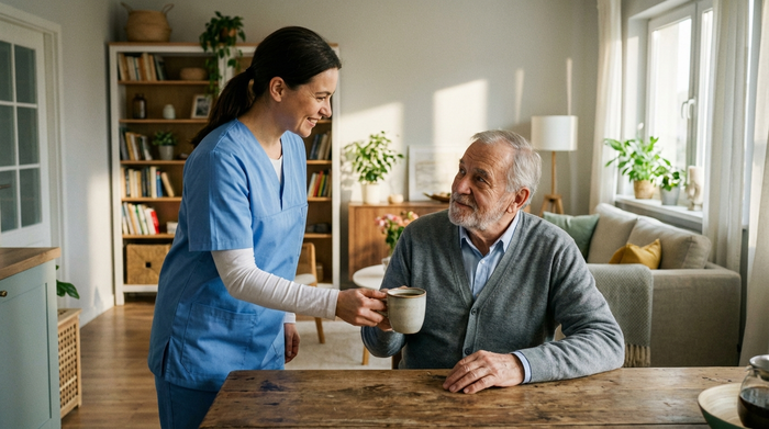 Eine freundliche Alltagsbegleiterin reicht einem älteren Herrn eine Tasse Kaffee am Küchentisch. Eine entspannte, vertrauensvolle Atmosphäre in einem aufgeräumten Wohnzimmer. Fotorealistisch, keine Schriften oder Diagramme.