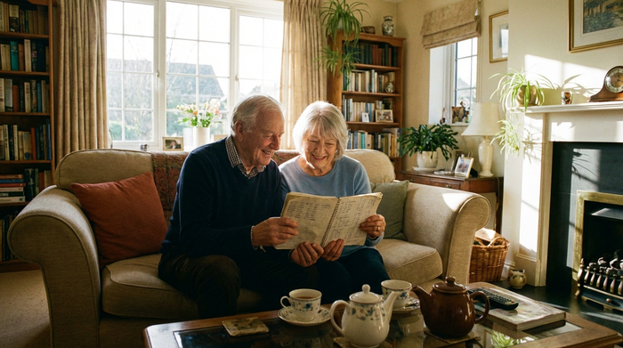 Ein älteres Ehepaar sitzt gemeinsam auf dem Sofa und schaut zufrieden in ein Notizbuch, während sie bei einer Tasse Tee ihre Haushaltsausgaben besprechen. Helles, gemütliches Wohnzimmer, realistische Fotografie.
