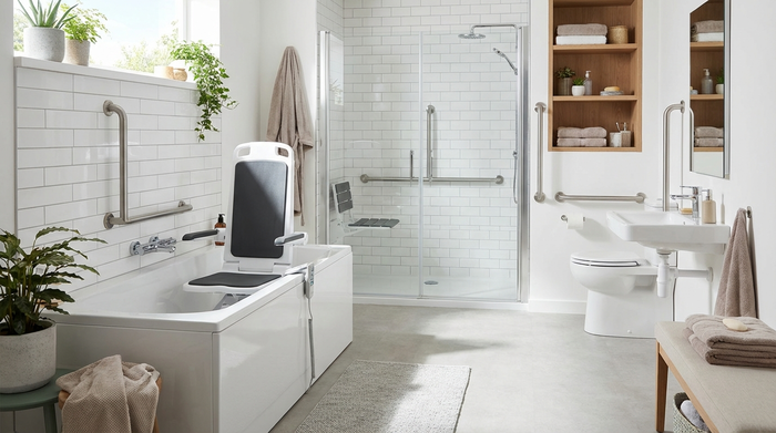 Ein modernes, sauberes und barrierefreies Badezimmer mit einem sicheren Badewannenlift und stabilen Haltegriffen an den weißen Fliesen. Helles Tageslicht, aufgeräumt und komfortabel eingerichtet, ohne Text.