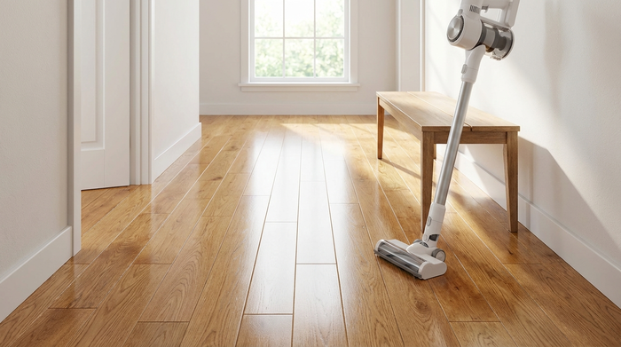 Ein sauberer, glänzender Holzboden in einem aufgeräumten Flur, daneben steht ein moderner Staubsauger. Helle und freundliche Atmosphäre, keine Personen, realistisch und rein.