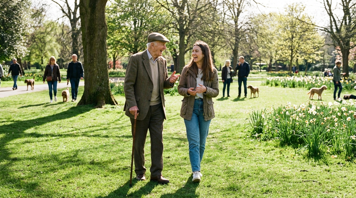Ein älterer Herr und eine junge, sympathische Alltagsbegleiterin spazieren gemeinsam durch einen grünen Park an einem sonnigen Tag. Sie unterhalten sich angeregt. Reale, lebendige Szene ohne Text.