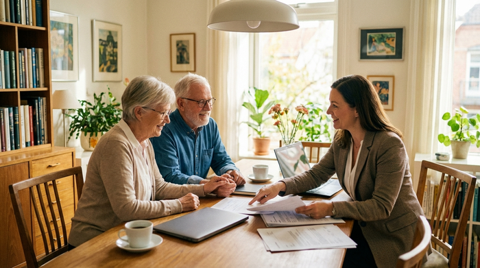 Ein älteres Ehepaar sitzt mit einer Beraterin an einem Esstisch und schaut entspannt auf einige Dokumente. Freundliche Stimmung, helles Wohnzimmer, professionelles Umfeld.