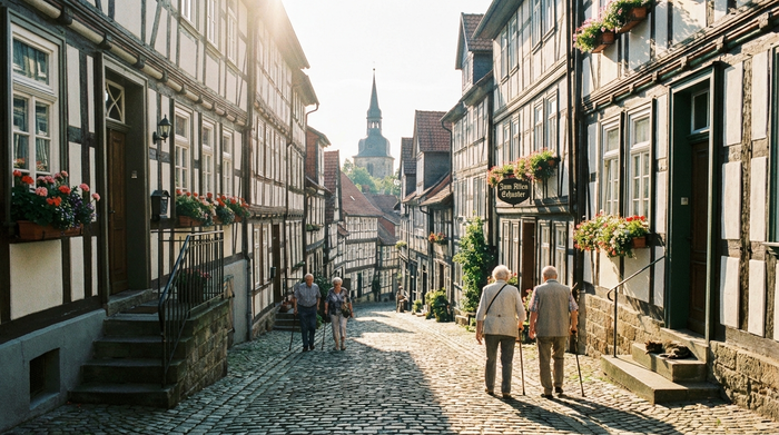 Blick auf eine malerische, steile Kopfsteinpflastergasse in einer historischen deutschen Altstadt mit Fachwerkhäusern im Sonnenschein. Ältere Menschen gehen langsam die Straße hinauf.