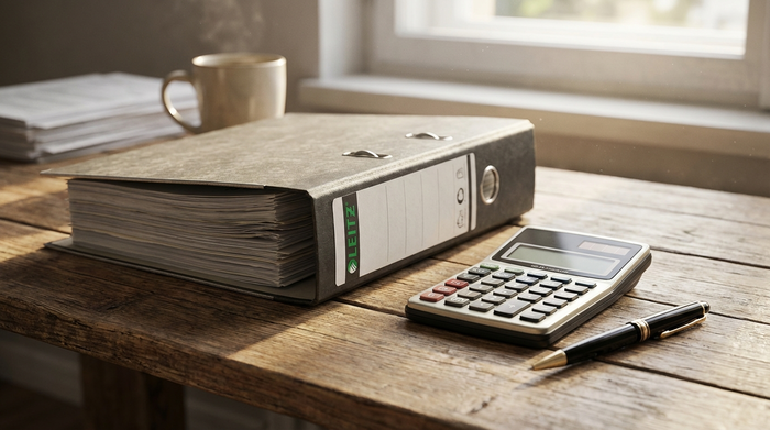 Ein Aktenordner, ein Taschenrechner und ein Stift liegen ordentlich auf einem Holztisch. Im Hintergrund unscharf eine Kaffeetasse. Symbolbild für Bürokratie und Verträge, realistisch, hell, ohne Text.