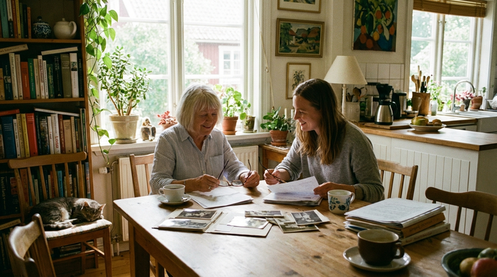 Eine ältere Frau und ihre erwachsene Tochter sitzen gemeinsam am Tisch und schauen entspannt auf einige Dokumente. Helles Tageslicht, gemütliche Atmosphäre, realistischer Fotostil.