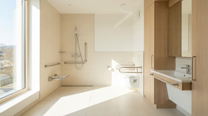 Ein modernes, helles und barrierefreies Badezimmer mit einer bodengleichen Dusche und Haltegriffen. Sauber, aufgeräumt, realistische Architekturfotografie, keine Personen.