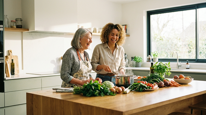 Zwei Frauen unterschiedlichen Alters lachen gemeinsam beim Kochen in einer modernen, hellen Küche. Frisches Gemüse liegt auf der Arbeitsplatte. Warme, freundliche Atmosphäre, realistisch.