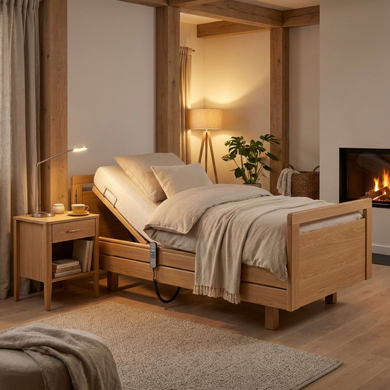 Ein modernes, elektrisch verstellbares Pflegebett aus hellem Holz in einem gemütlichen, aufgeräumten Schlafzimmer. Hochwertige Bettwäsche und ein Nachttisch mit einer Leselampe stehen daneben. Warme, beruhigende Beleuchtung.