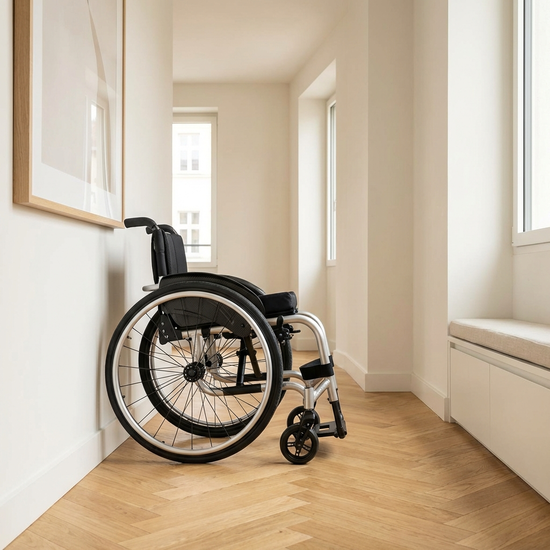 Ein eleganter Leichtgewichtrollstuhl aus Aluminium steht zusammengeklappt im Flur einer modernen Wohnung. Helle Wände und ein sauberer Parkettboden sorgen für ein freundliches Ambiente.
