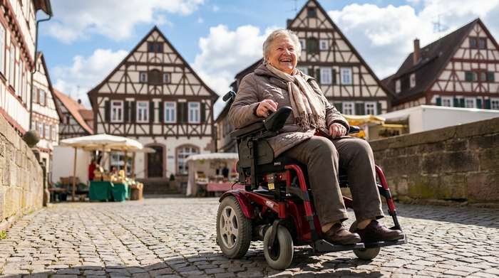 Eine ältere Dame fährt mit einem elektrischen Rollstuhl über einen gepflasterten Weg in einer historischen Altstadt. Sie lächelt entspannt. Im Hintergrund sieht man unscharfe Fachwerkhäuser und blauen Himmel.