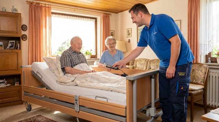 Ein freundlicher Sanitätshaus-Mitarbeiter in blauer Arbeitskleidung erklärt einem älteren Ehepaar im heimischen Wohnzimmer die Funktionen eines neuen Pflegebetts. Professionelle und vertrauensvolle Szene.